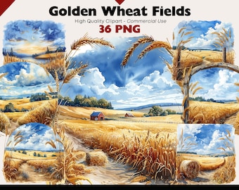 Golden Wheat Field Clipart Bundle, Nature Landscape Watercolor Illustration, Farm Field PNG Digital Download, Paper Crafts, Scrapbooking