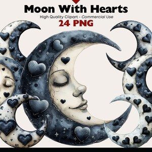 May include: A set of 24 digital illustrations of moons with hearts. The moons are in various shades of blue and white, with black hearts scattered across their surface. Some moons have a sleeping face with closed eyes. The illustrations are perfect for adding a touch of whimsy and romance to your designs.