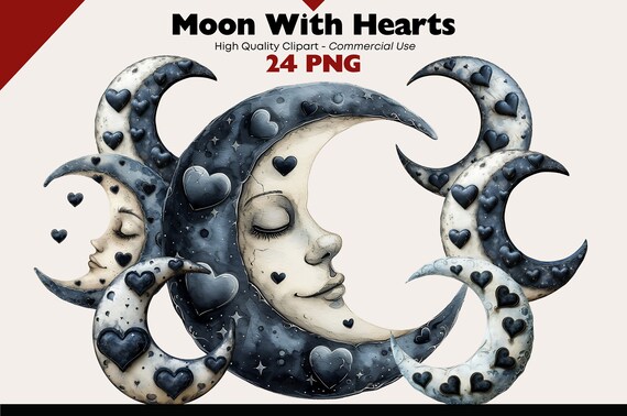Fantasy Moon Clipart Bundle, Gothic Celestial Moon PNG, Heart Moon Illustrations, Cute Moon Watercolor, Gothic Lunar PNG Digital Download