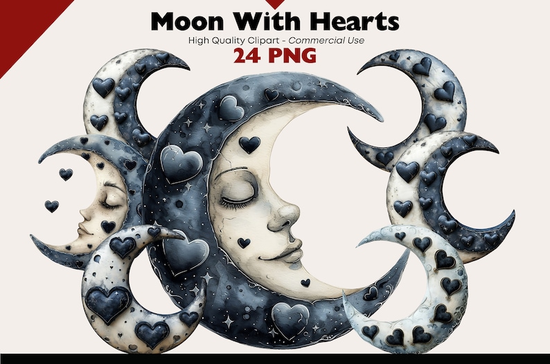 May include: A set of 24 digital illustrations of moons with hearts. The moons are in various shades of blue and white, with black hearts scattered across their surface. Some moons have a sleeping face with closed eyes. The illustrations are perfect for adding a touch of whimsy and romance to your designs.