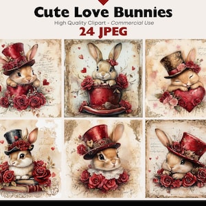 Vintage Love Bunny JPEG Clipart Bundle Romantic Rabbit Digital Download Vintage Graphics Love Scene JPEG Heart Decorations Commercial Use