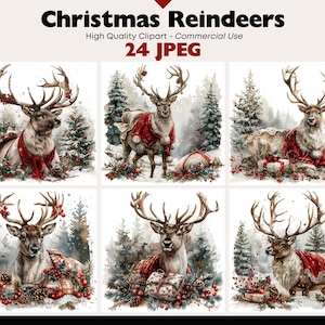 Könnte beinhalten: Ein Set mit 24 digitalen Aquarell-Illustrationen von Weihnachtsrentieren in einer winterlichen Waldlandschaft. Die Rentiere sind in verschiedenen Posen dargestellt, einige tragen rote Schals und tragen Geschenke. Die Illustrationen sind perfekt für die Erstellung von Weihnachtskarten, Einladungen und anderen festlichen Projekten.