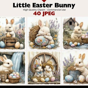 May include: A collection of watercolor illustrations featuring adorable white bunnies with long ears, surrounded by Easter eggs, flowers, and rustic settings. The text "Little Easter Bunny" and "40 JPEG" are displayed at the top.