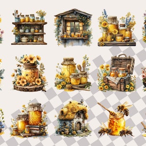 May include: A collection of 12 digital illustrations featuring honey jars, beehives, and bees. The illustrations are in a watercolor style and feature a variety of colors, including yellow, brown, and green.