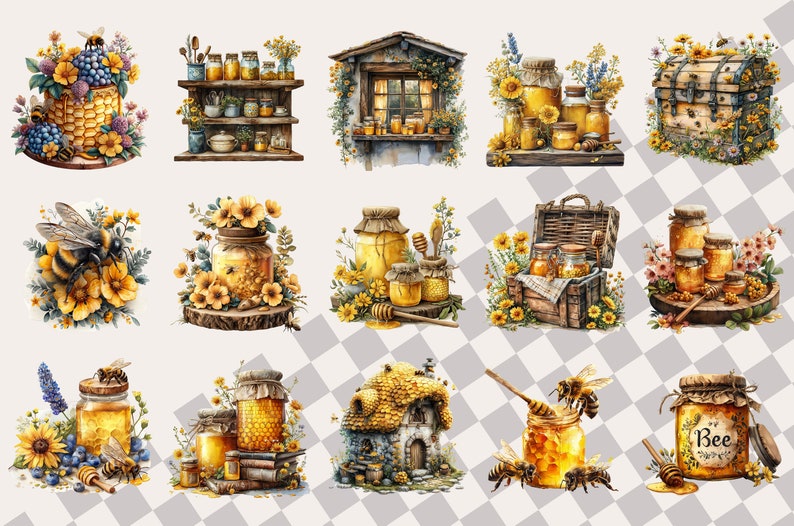 May include: A collection of 12 digital illustrations featuring honey jars, beehives, and bees. The illustrations are in a watercolor style and feature a variety of colors, including yellow, brown, and green.