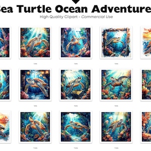 Puede incluir: Una colecci&oacute;n de ilustraciones en acuarela que representan tortugas marinas nadando en vibrantes escenas submarinas. La obra de arte muestra coloridos arrecifes de coral, la luz del sol filtr&aacute;ndose a trav&eacute;s del agua y el texto "Sea Turtle Ocean Adventures".
