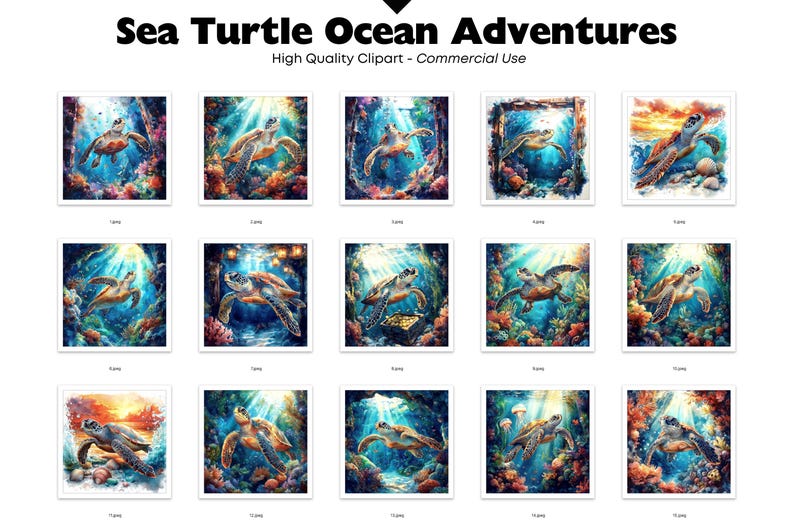 Puede incluir: Una colecci&oacute;n de ilustraciones en acuarela que representan tortugas marinas nadando en vibrantes escenas submarinas. La obra de arte muestra coloridos arrecifes de coral, la luz del sol filtr&aacute;ndose a trav&eacute;s del agua y el texto "Sea Turtle Ocean Adventures".