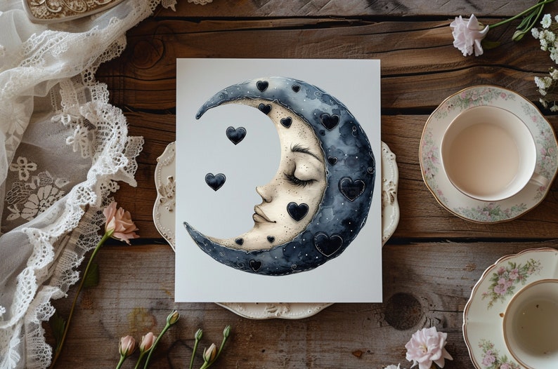 May include: A watercolor painting of a crescent moon with a sleeping face. The moon is decorated with black hearts and has a dark blue and gray color scheme.