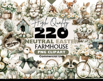 May include: A collection of 220 high quality neutral Easter farmhouse PNG clipart images for commercial use. The images feature a variety of Easter-themed elements, including bunnies, chicks, eggs, flowers, and a farmhouse truck. The images are perfect for creating digital designs, scrapbooking, and other creative projects.