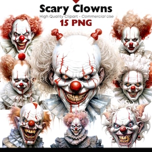 Scary Clowns Clipart, IT Clown Digital Download, PNG Clown, Halloween Watercolor, Creepy Joker Faces Graphics, Sinister Jester Printable