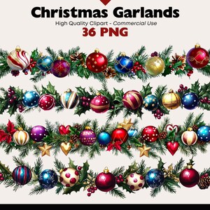 May include: Christmas garlands with colorful ornaments, pine needles, and berries. The image includes text that reads "Christmas Garlands" and "36 PNG". High quality clipart for commercial use.