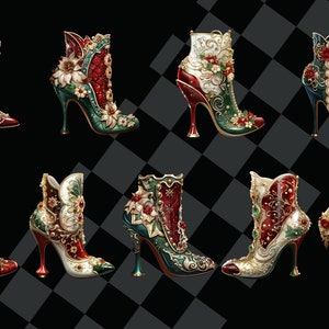May include: Eight pairs of ornate high-heeled boots with intricate floral and jeweled embellishments. The boots are in shades of red, green, and gold.