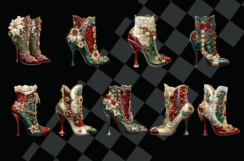 May include: Eight pairs of ornate high-heeled boots with intricate floral and jeweled embellishments. The boots are in shades of red, green, and gold.