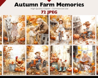Pode incluir: Uma coleção de ilustrações em aquarela com tema de fazenda de outono. As cenas incluem crianças com abóboras, animais e equipamentos agrícolas. O texto "Autumn Farm Memories" e "72 JPEG" está no topo.
