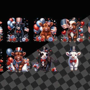 Puede incluir: Diez ilustraciones digitales de terneros de dibujos animados lindos que usan sombreros y accesorios patri&oacute;ticos. Los terneros est&aacute;n en varias poses y tienen diferentes colores de pelaje. Las ilustraciones son perfectas para usar en scrapbooking digital, creaci&oacute;n de tarjetas y otros proyectos creativos.