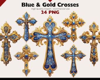 Blue And Gold Cross Clipart, Ornate Religious Symbol PNG, Vintage Church Crosses, Faith Christian Art, Digital Download Paper Crafts
