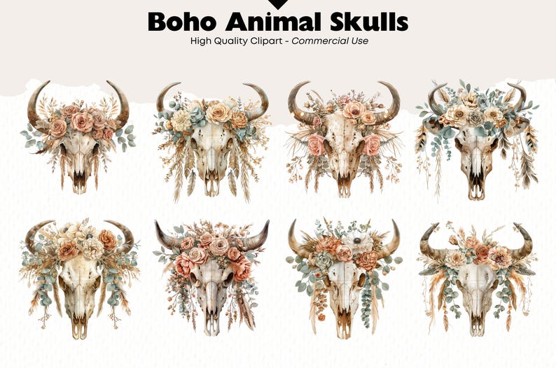 Boho Animal Skull Clipart Bundle Fall Decoration Watercolor Cow Skull ...