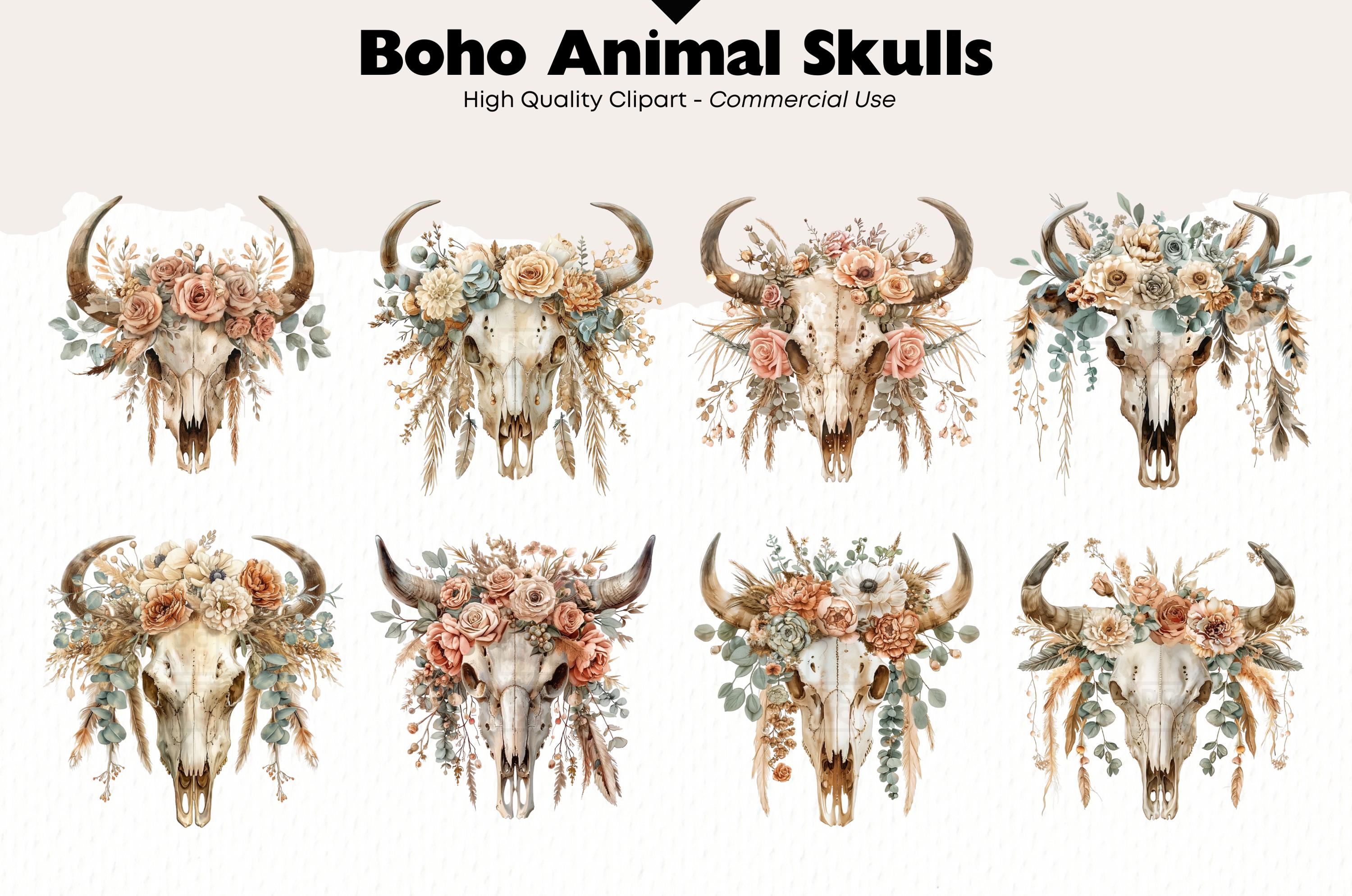 Boho Animal Skull Clipart Bundle Fall Decoration Watercolor Cow Skull ...