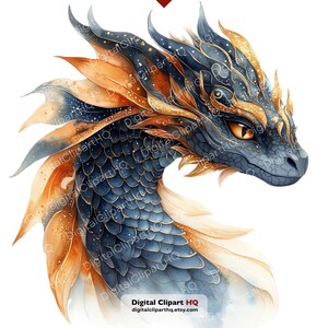 May include: Watercolor illustration of a dragon's head. The dragon features a blue body with gold accents, orange and gold wings, and an orange eye. The image includes the text "Digital Clipart HQ" and the Etsy shop URL.
