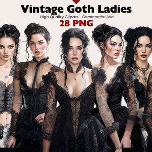 Vintage Goth Damen Clipart-Bundle, Dark Gothic Viktorianische PNG, Schwarze Spitzenkleid Grafiken, Vintage Mädchen Digitale Clip Art, Scrapbooking PNG
