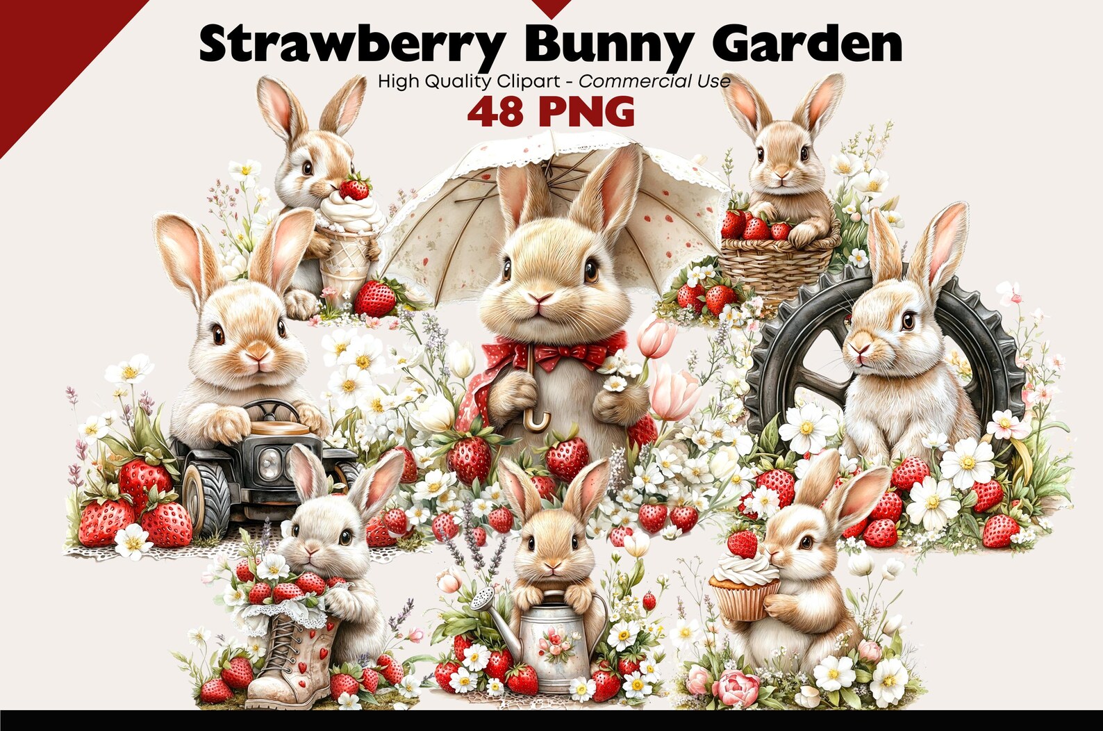 Strawberry Bunny Clipart PNG Bundle, Cute Spring Rabbits With ...