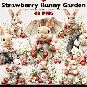 May include: A digital illustration titled "Strawberry Bunny Garden" featuring several adorable bunnies amidst strawberries and flowers. Some bunnies hold treats, while others drive a small vehicle or hold an umbrella. The image includes the text "48 PNG".