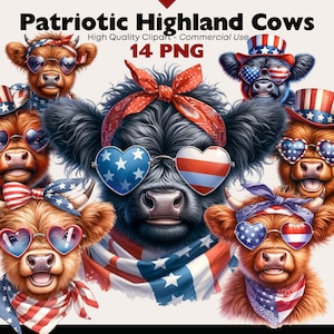 Clipart de vaca patriótica das Terras Altas, PNG de vaca americana das Terras Altas, Clipart de vaca de 4 de julho, Aquarela de vaca do dia dos presidentes, PNG digital de animal patriótico