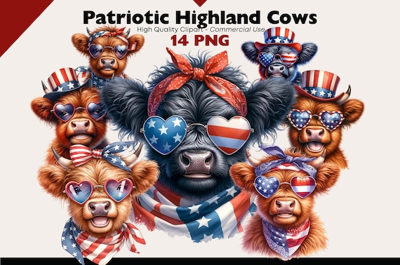 Patriotic Highland Cow Clipart, American Highland Cow PNG, 4th July Cow Clipart, Presidents Day Cow Watercolor, Patriotic Animal PNG Digital
