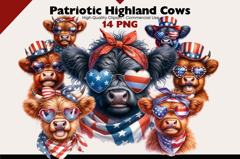 May include: A set of 14 digital clipart images featuring Highland cows wearing patriotic red, white, and blue accessories, including hats, bandanas, and sunglasses. The cows have a variety of expressions, including smiling, winking, and looking straight ahead.