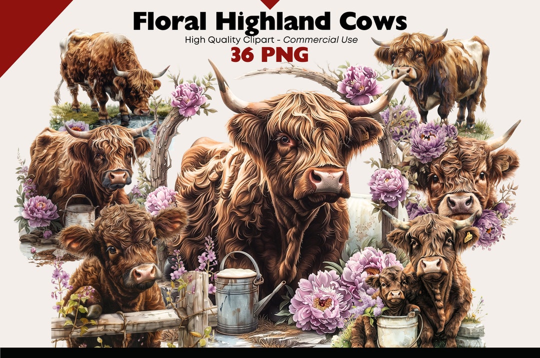 Floral Highland Cow Clipart Bundle, Whimsical Farm Animal Watercolor ...