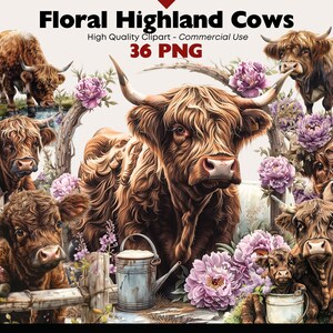 Pacote de clipart de vaca floral das Terras Altas, aquarela de animais de fazenda excêntricos, vacas do campo para impressão, download de vaca com peônia roxa em PNG, álbum de recortes