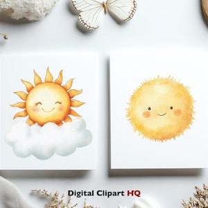 Puede incluir: Dos tarjetas blancas con ilustraciones de acuarela de soles sonrientes. Un sol tiene rayos puntiagudos y se asienta sobre una nube. El otro es un sol redondo y esponjoso. El texto "Digital Clipart HQ" est&aacute; en la parte inferior.