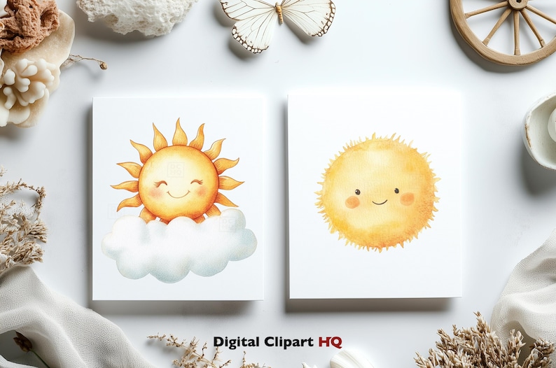 Puede incluir: Dos tarjetas blancas con ilustraciones de acuarela de soles sonrientes. Un sol tiene rayos puntiagudos y se asienta sobre una nube. El otro es un sol redondo y esponjoso. El texto "Digital Clipart HQ" est&aacute; en la parte inferior.