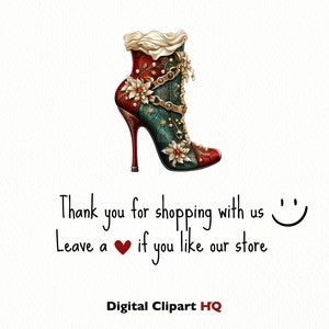 May include: A red, green, and gold high-heeled boot with floral embellishments and a chain detail. The boot is on a white background with the text "Thank you for shopping with us☺ Leave a❤ if you like our store Digital Clipart HQ".