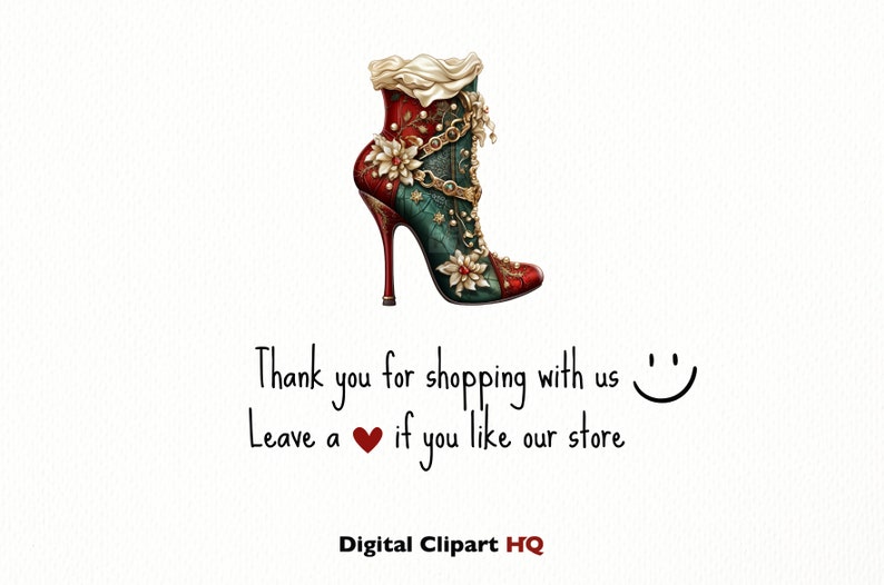 May include: A red, green, and gold high-heeled boot with floral embellishments and a chain detail. The boot is on a white background with the text "Thank you for shopping with us☺ Leave a❤ if you like our store Digital Clipart HQ".
