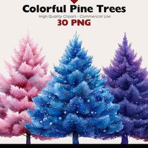 Pacchetto di clipart di alberi di pino colorati Acquerello Inverno Pino dorato PNG Decorazioni per le feste Grafica Albero di Natale rosa Download digitale Artigianato di carta