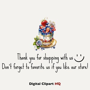 Puede incluir: Una imagen digital de clipart de un postre en parfait con ar&aacute;ndanos, fresas y una flor blanca en la parte superior. El parfait est&aacute; en un vaso transparente con un borde dorado y est&aacute; sobre un plato dorado. El texto "Gracias por comprar con nosotros ☺ No olvides agregarnos a tus favoritos si te gusta nuestra tienda! Digital Clipart HQ" est&aacute; debajo de la imagen.