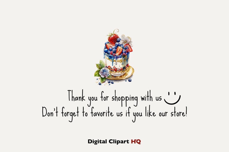 Puede incluir: Una imagen digital de clipart de un postre en parfait con ar&aacute;ndanos, fresas y una flor blanca en la parte superior. El parfait est&aacute; en un vaso transparente con un borde dorado y est&aacute; sobre un plato dorado. El texto "Gracias por comprar con nosotros ☺ No olvides agregarnos a tus favoritos si te gusta nuestra tienda! Digital Clipart HQ" est&aacute; debajo de la imagen.