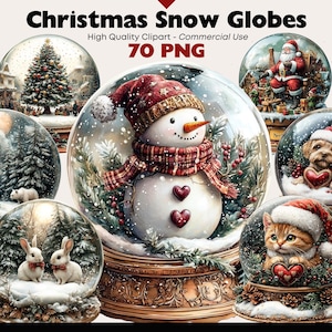 Bundle de cliparts de boules à neige de Noël Graphismes d'hiver traditionnels en téléchargement numérique Noël festif aquarelle Clipart vacances Yuletide Png