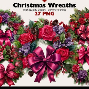 Christmas Wreath Clip Art, Red and Green Holiday Flowers, Christmas Roses PNG, Luxurious Christmas Wreath PNG, Flower Elements Graphics