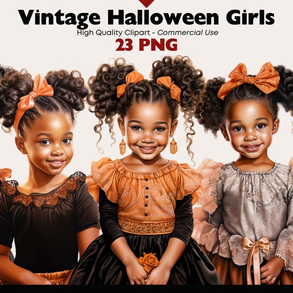Vintage Girls Clipart, Cute Little Girl Watercolor Bundle, Orange and Black Dress, Victorian Girls PNG, Digital Melanin Girl Illustrations