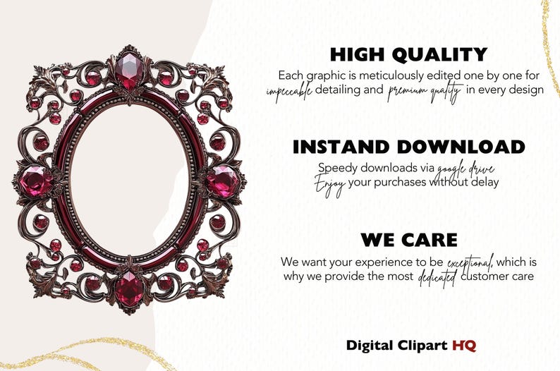 May include: A decorative ornate oval frame with a dark brown metal finish and red jewel accents. The frame is isolated on a white background.  The text "HIGH QUALITY", "INSTAND DOWNLOAD", "WE CARE", and "Digital Clipart HQ" is visible in the image.