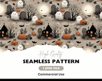 May include: A seamless Halloween pattern featuring pumpkins, ghosts, bats, tombstones, and haunted houses. The design is in shades of orange, grey, and white, with a textured background. The text "High Quality SEAMLESS PATTERN" is also included.