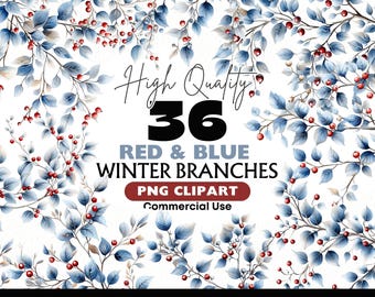 May include: A digital illustration of 36 red and blue winter branches with berries. The branches are arranged in a repeating pattern. The text "High Quality 36 Red & Blue Winter Branches PNG Clipart Commercial Use" is displayed on the image.