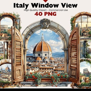 Paquete de imágenes prediseñadas de vista de ventana de Italia Paisaje italiano Acuarela Roma Png Descarga digital Gráficos de la naturaleza Manualidades de papel Png Álbum de recortes de viajes
