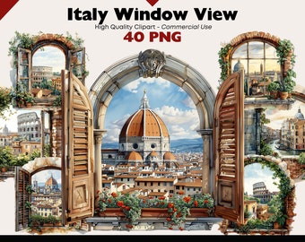 Italy Window View Clipart Bundle Italian Landscape Watercolor Rome Png Digital Download Nature Graphics Paper Crafts Png Travel Scrapbook