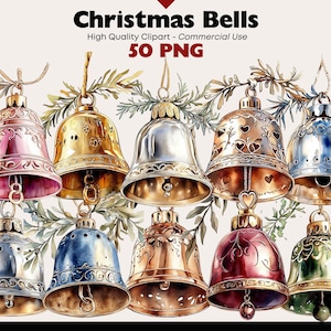 Puede incluir: Una colección de campanas navideñas de acuarela en varios colores, incluyendo rosa, dorado, plateado y verde. Las campanas están adornadas con diseños decorativos y cuelgan de ramitas de vegetación. El texto "Christmas Bells" y "50 PNG" está incluido.