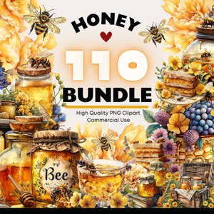 Bundle de cliparts PNG miel et abeilles, graphiques aquarelles PNG rustique miel cottagecore, campagne imprimable, numérique pour scrapbooking en nid d'abeille