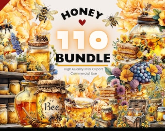 Paquete de imágenes prediseñadas PNG de miel y abejas, gráficos PNG de acuarela de miel rústica estilo cottagecore, imprimibles campestres, imágenes digitales de scrapbooking de panal