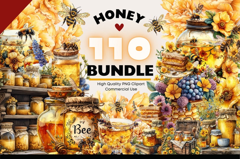 May include: A collection of 110 honey-themed clipart images, including jars of honey, honeycombs, bees, flowers, and other related items. The images are high quality and suitable for commercial use.